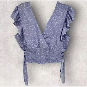 Purple Crop Top With Polk-a Dots V-neck Capped Ruffle Sleeves Plus Size 4XL